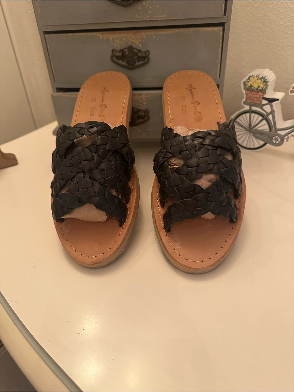 Woven Slide Sandals in Black with Tan Footbed - Women's Casual Slip-On
